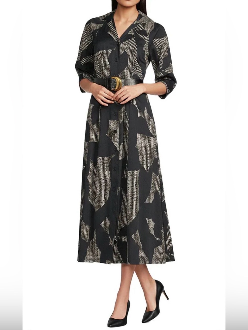 Donna Karan Black Maxi Shirt Dress with Cream Abstract Print